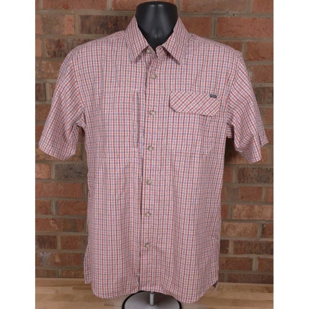 Eddie Bauer Mens Medium Short Sleeve Red Plaid Utility Shirt Vented Hiking